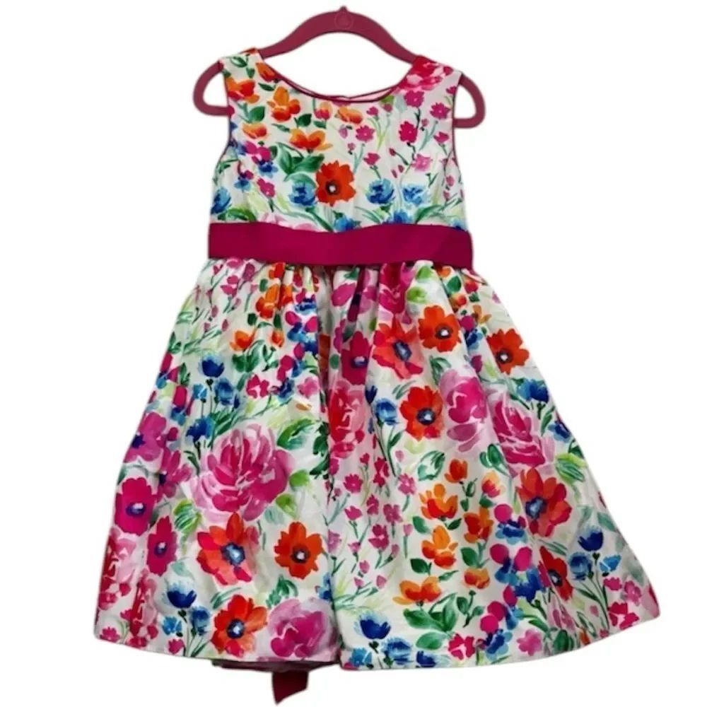 Frais Girls Multicolor Pink Floral Tie Waist Sleeveless A-Line Dress Size 5